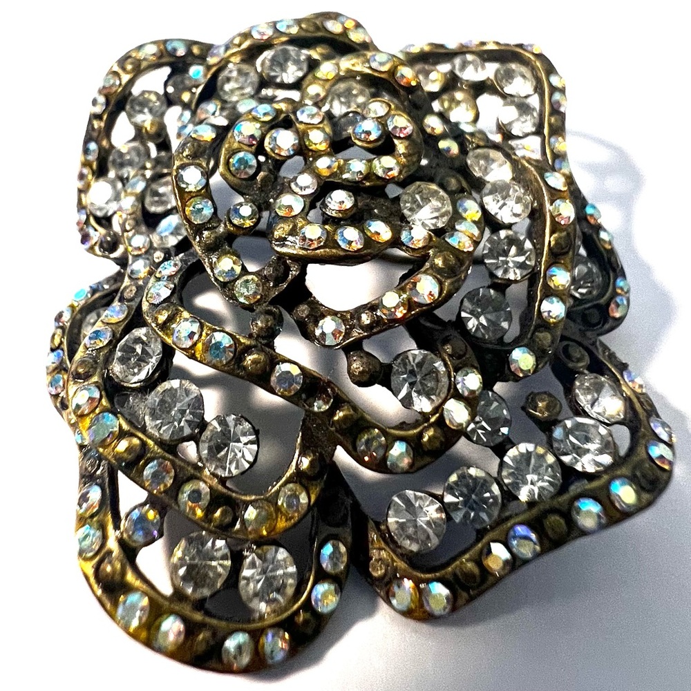 Vintage 1950's Heavy Silver Tone Multi Color Rhinestone Floral Shape Brooch Pin